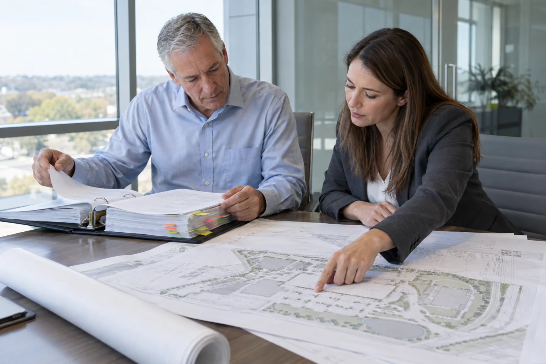 Two office staff reviewing a title binder and a printed commercial survey at a conference table