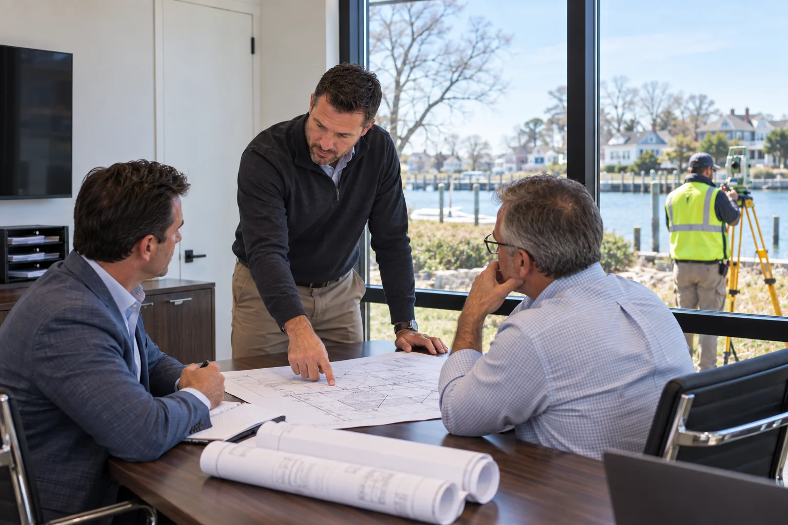 Surveyor reviewing a plat with two clients at a conference table