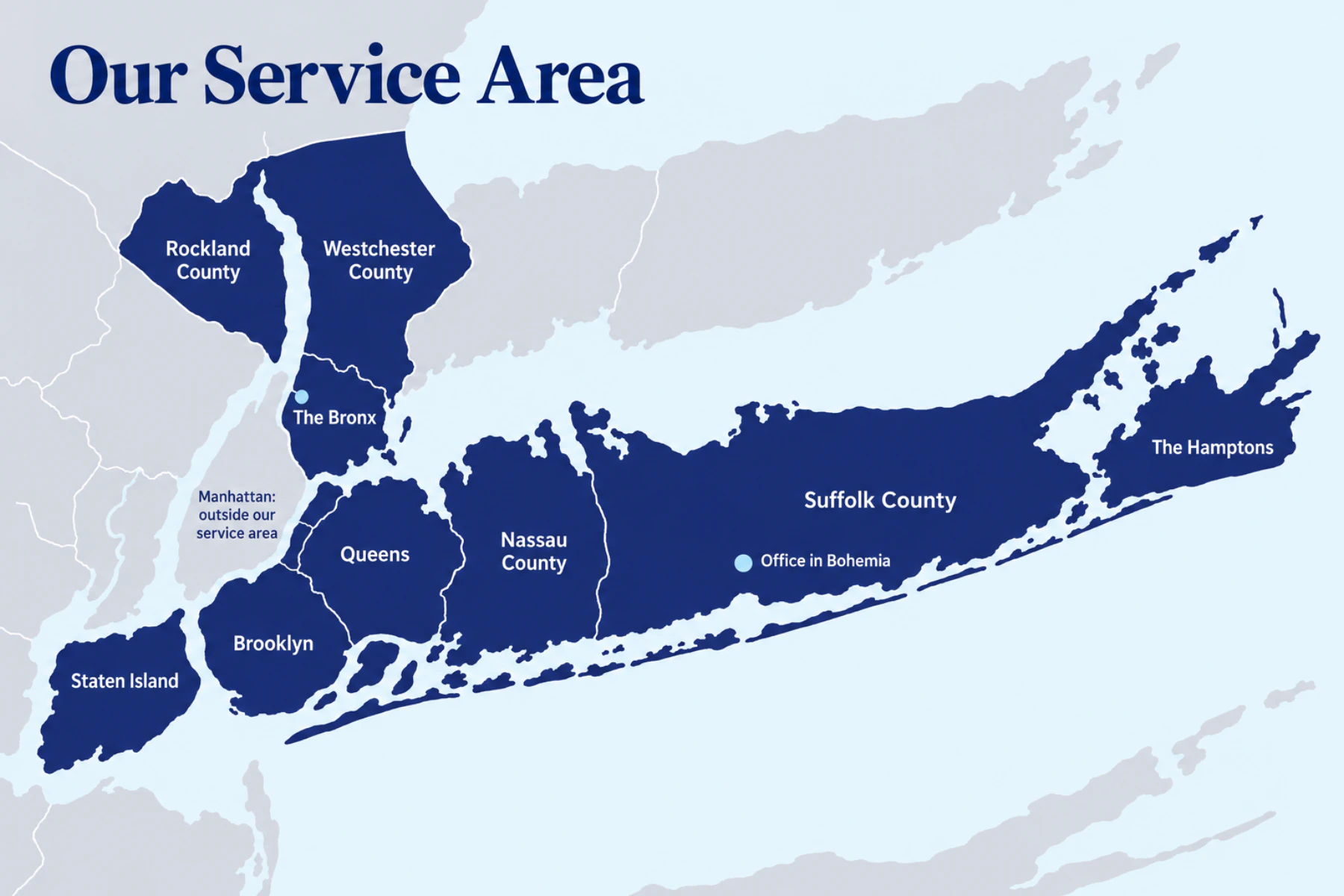 Service area map covering Long Island, four NYC boroughs, Rockland and Westchester, excluding Manhattan