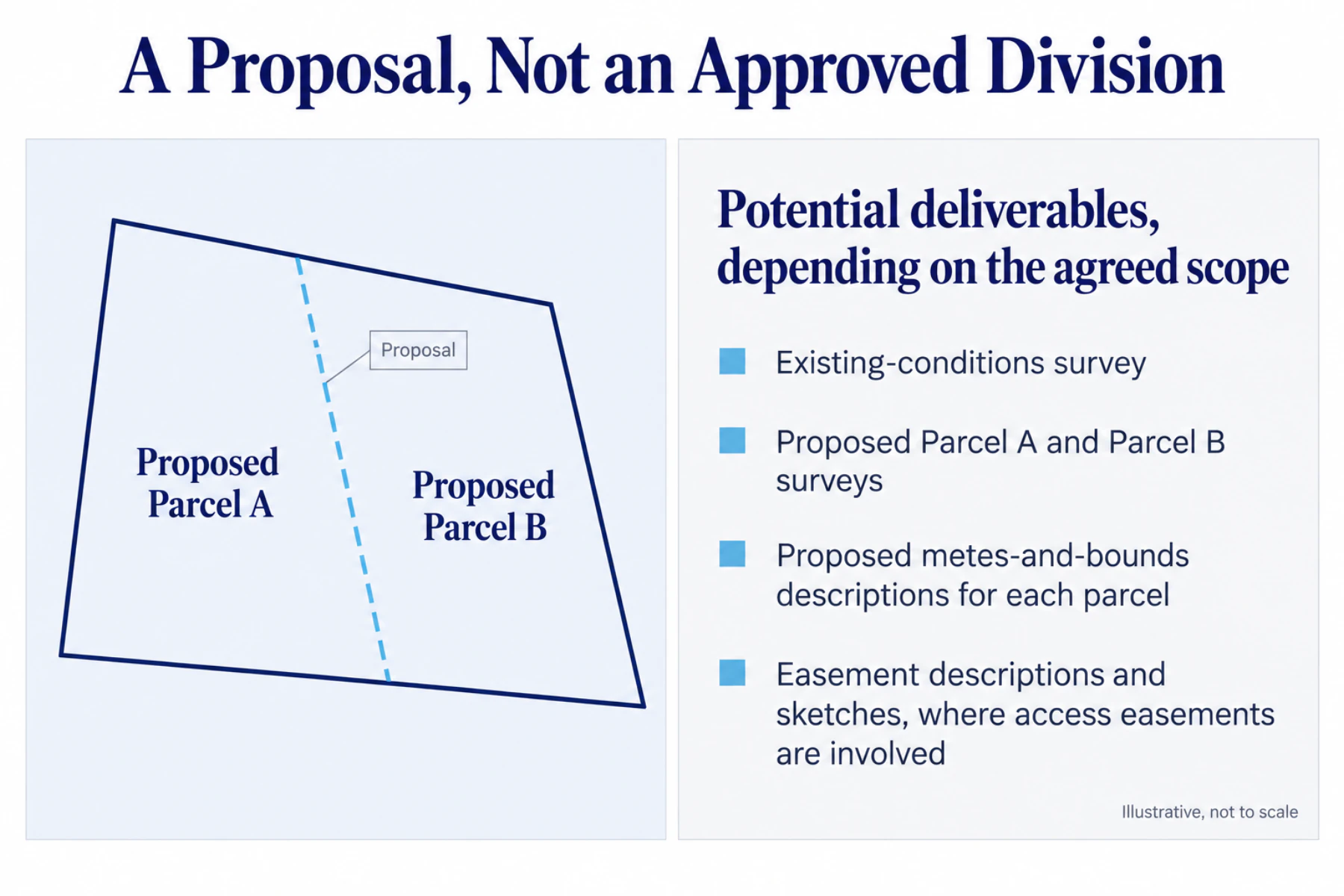 Illustrative lot split into proposed Parcel A and Parcel B with the survey deliverables that may apply