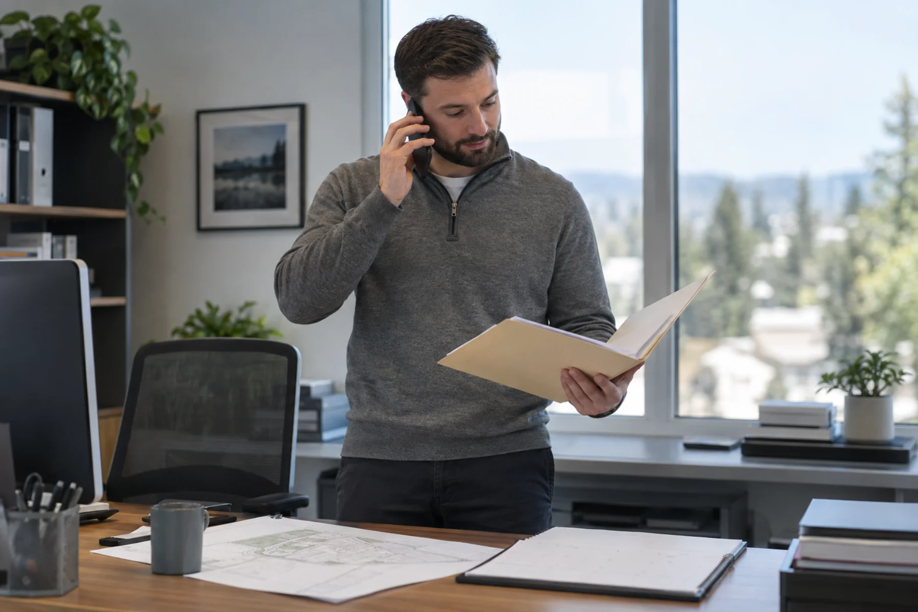 Office coordinator on a call reviewing a closing file for a title survey order