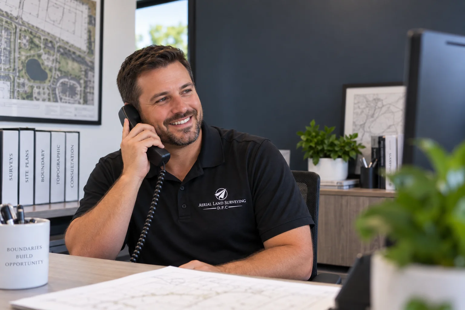 Office team member answering the phone at a desk with survey plans
