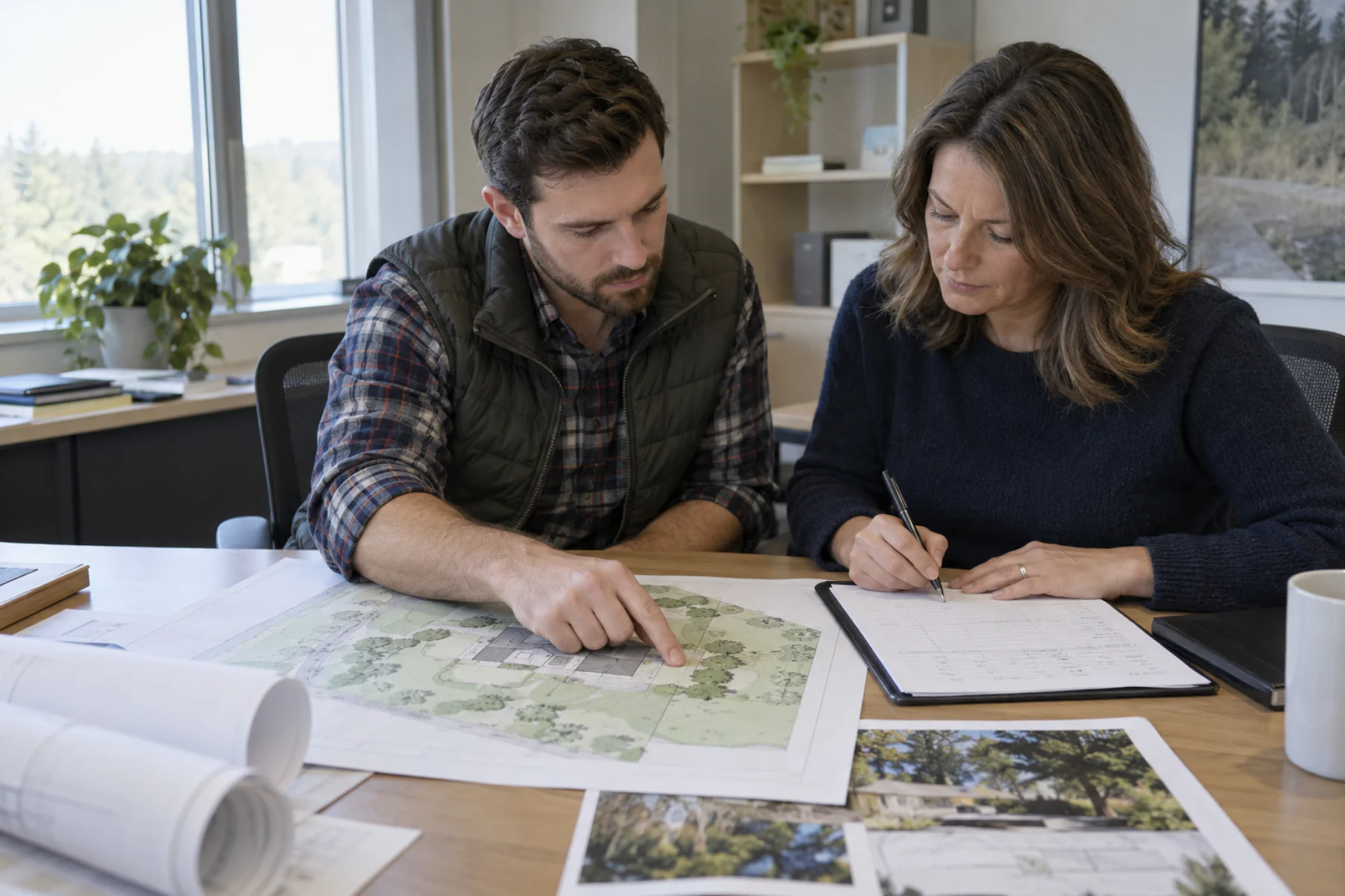 Two office team members reviewing a residential site plan beside a department checklist