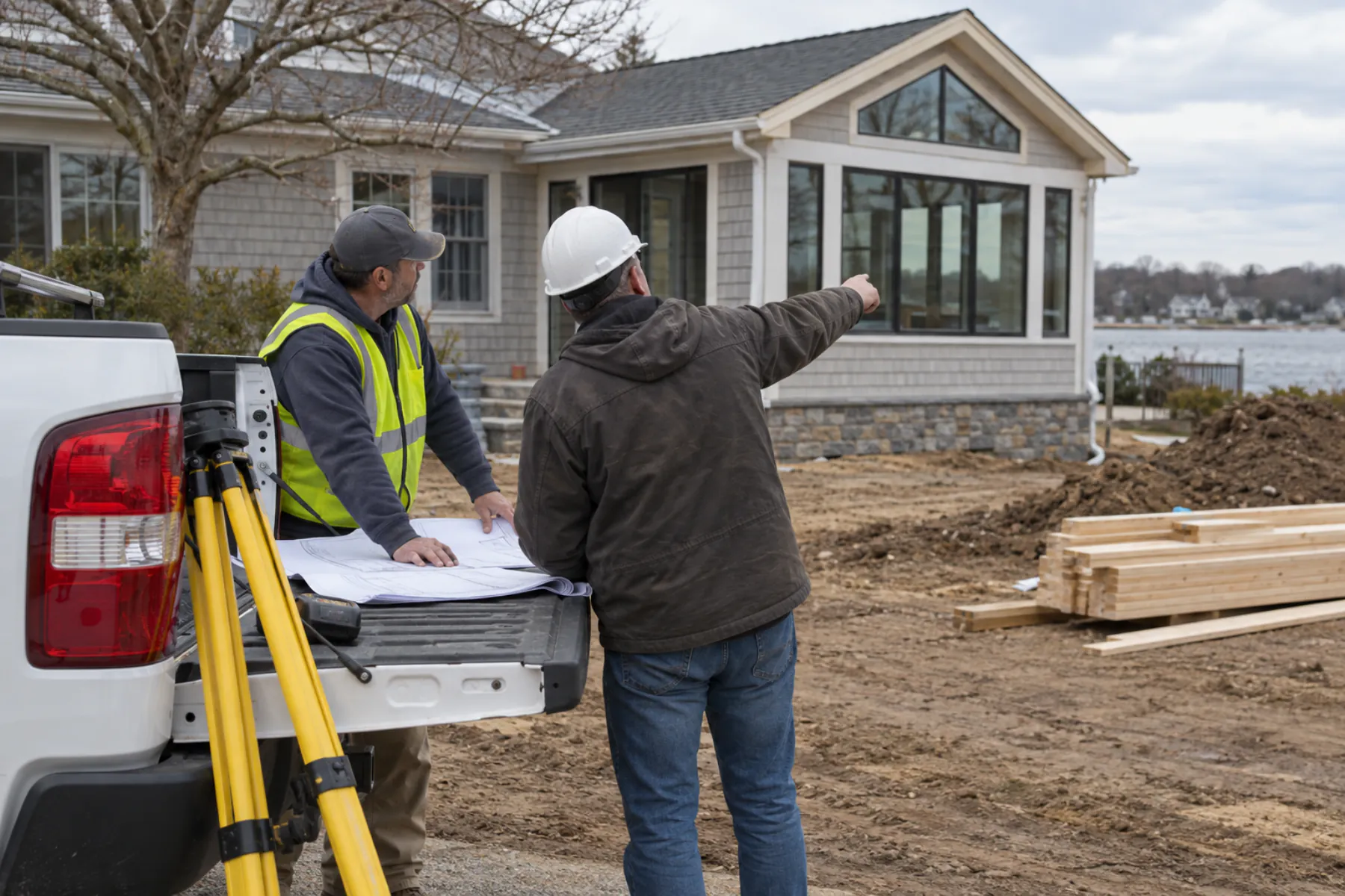Surveyor and contractor reviewing printed plans on a truck tailgate beside a finished addition